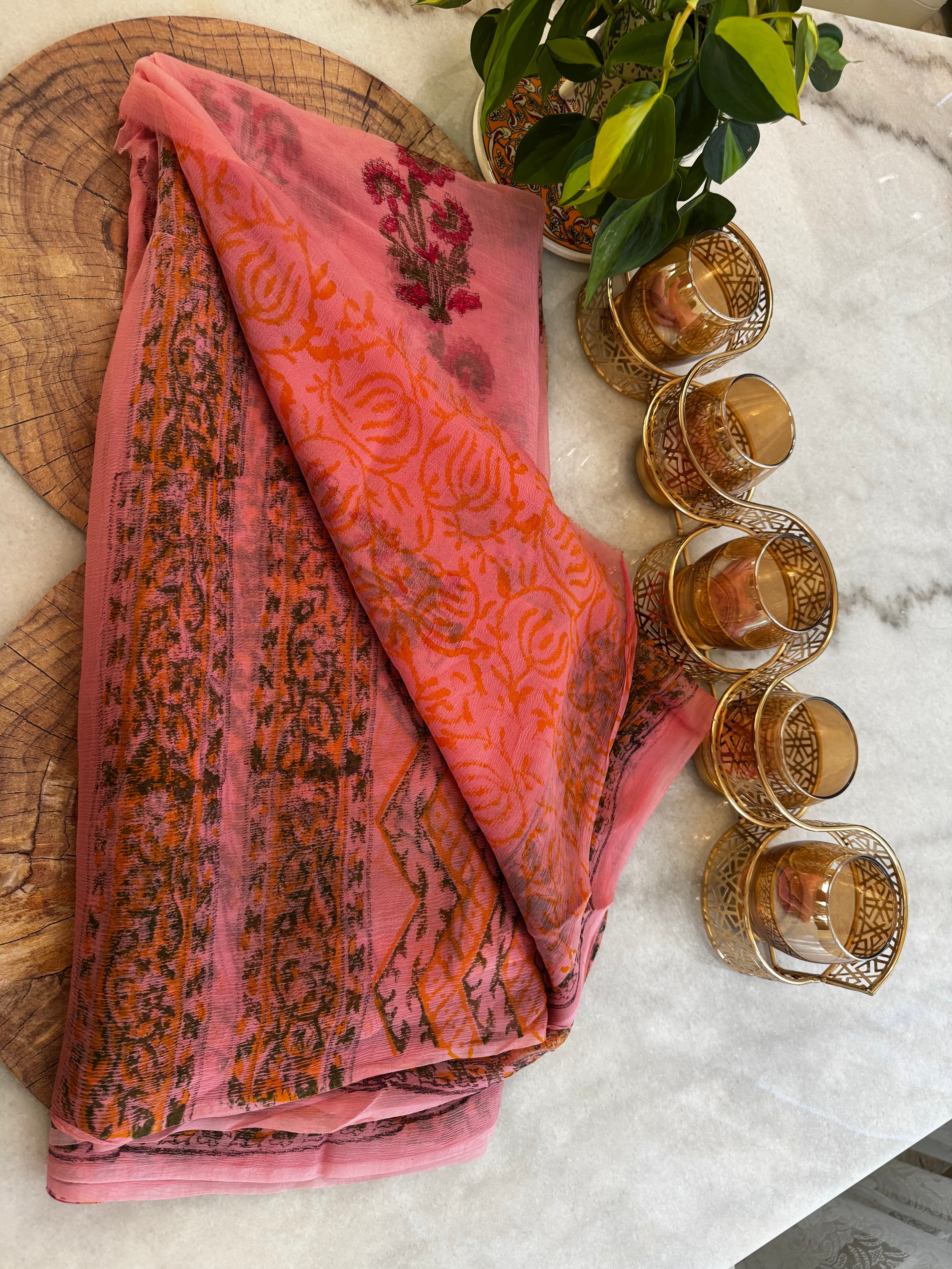 Pure Chiffon Handblock Saree