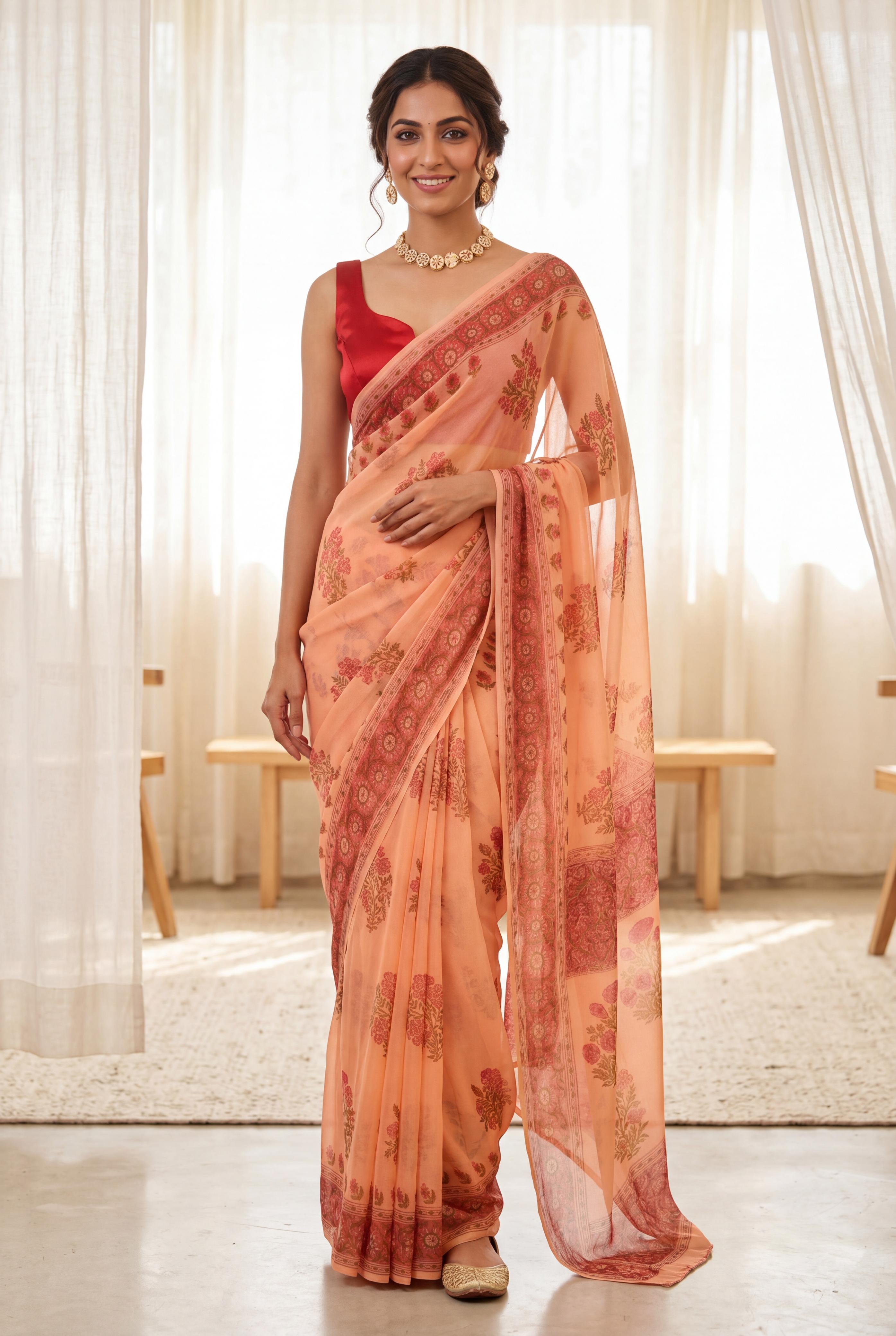 Pure Chiffon Handblock Saree