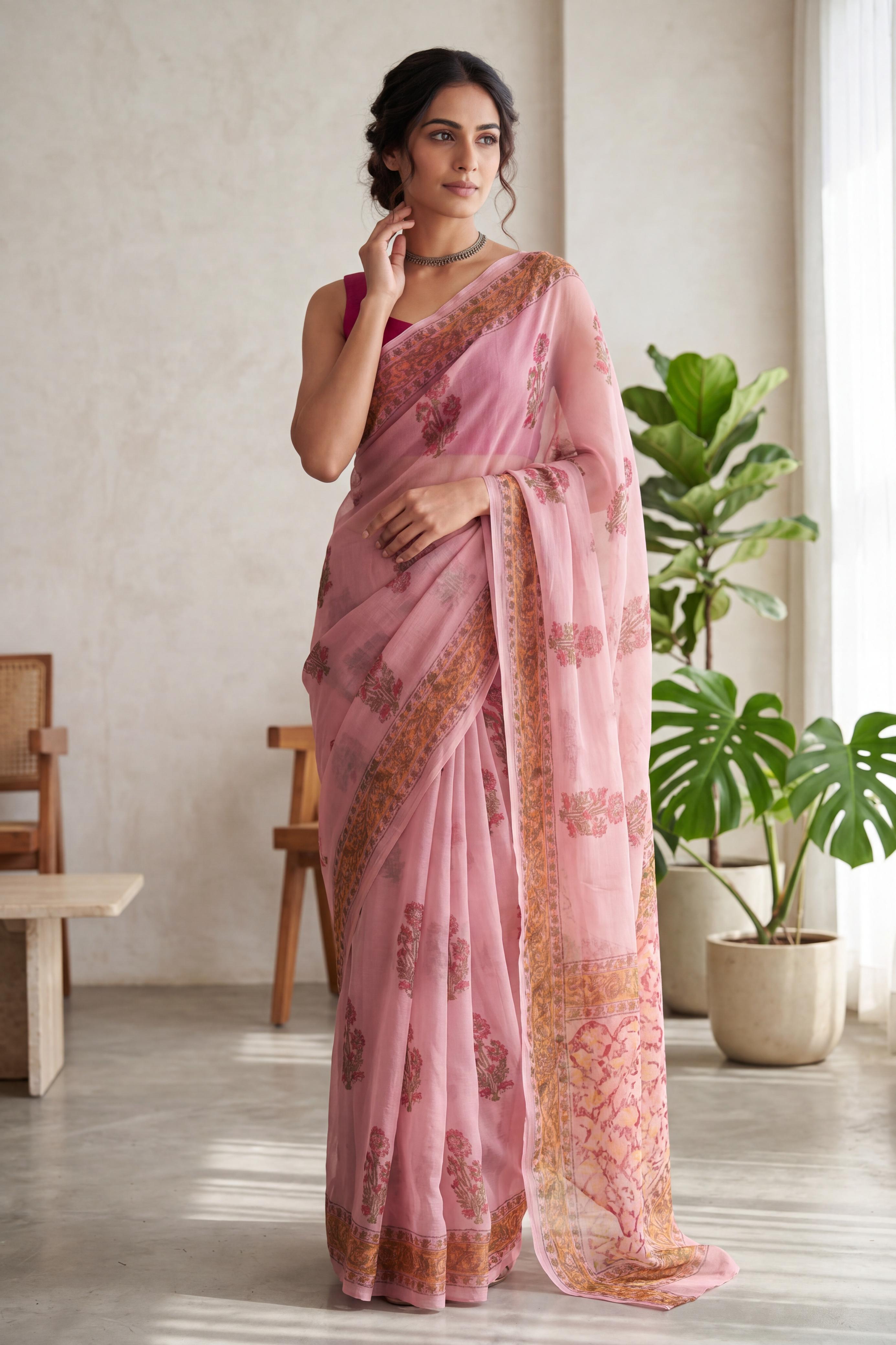 Pure Chiffon Handblock Saree