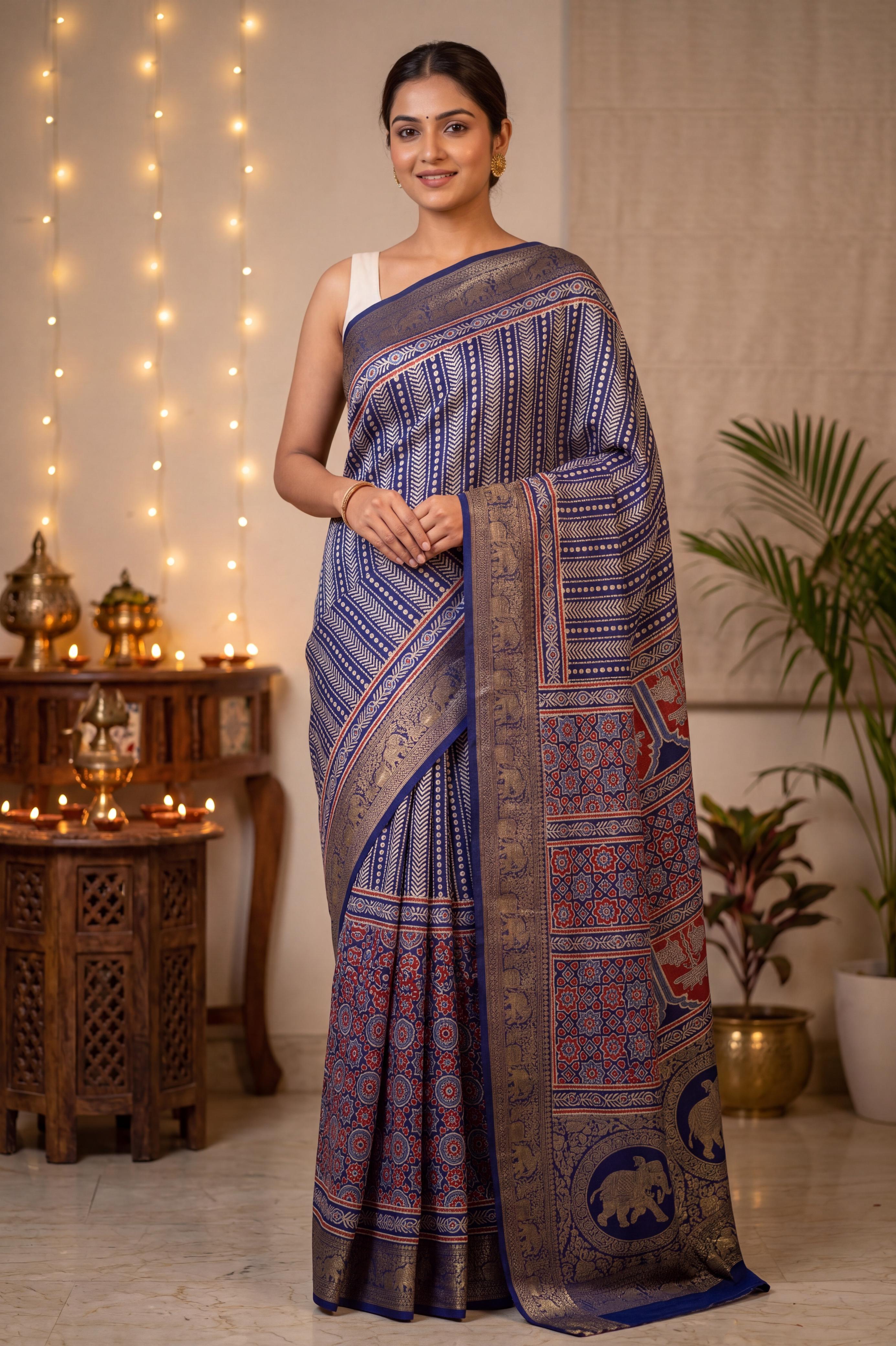Dola Silk Saree with Ajrakh Print