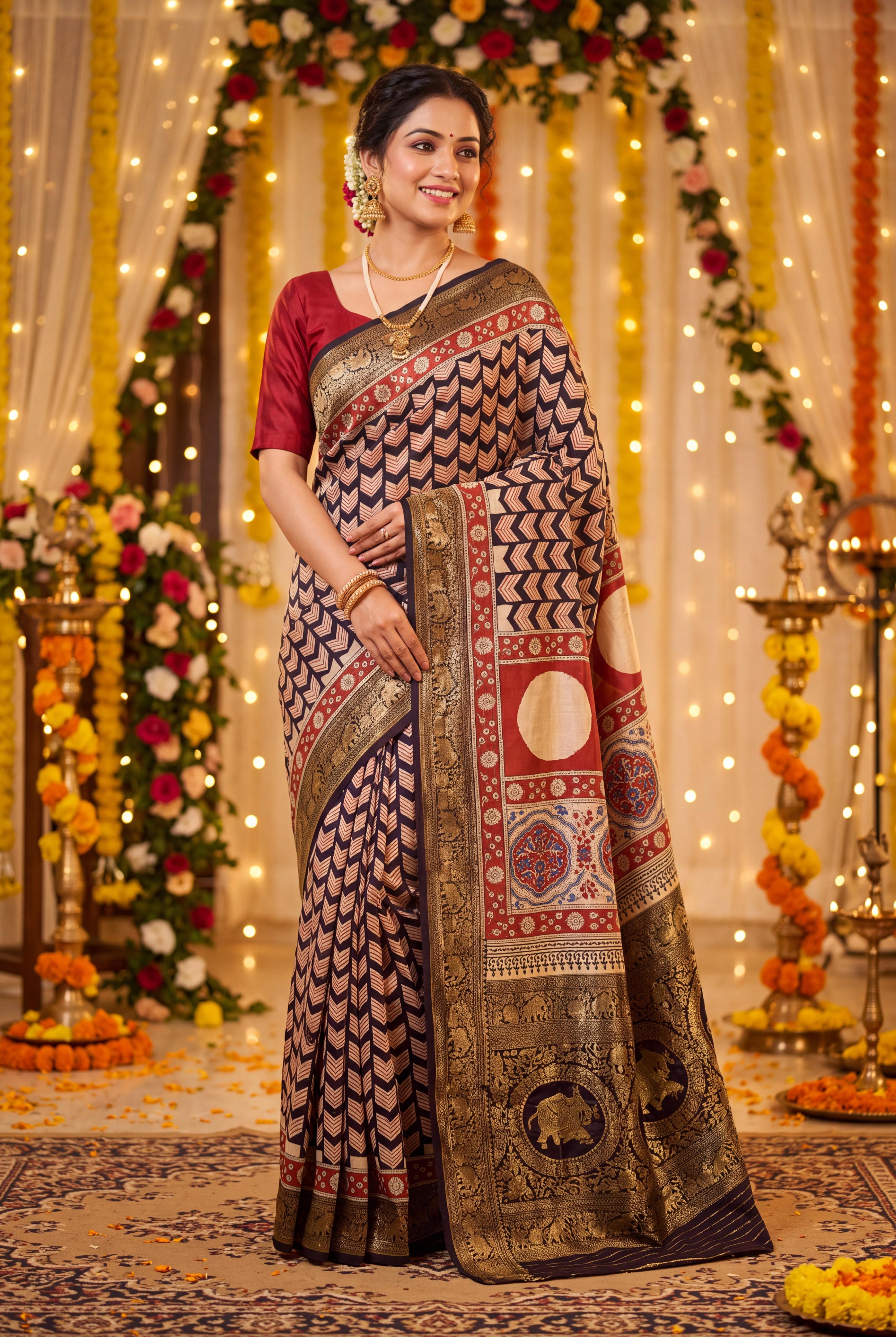 Dola Silk Saree with Ajrakh Print
