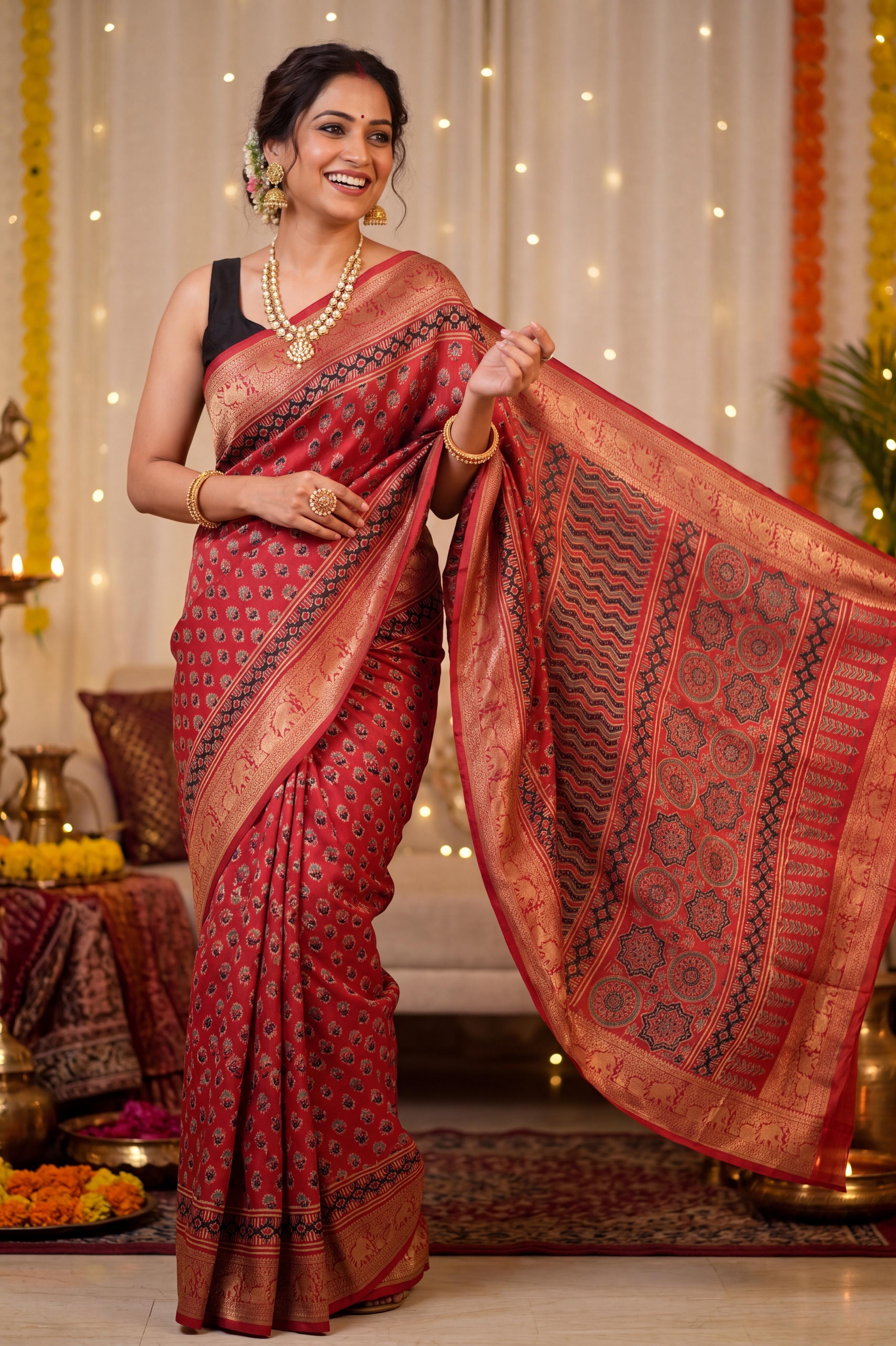 Dola Silk Saree with Ajrakh Print