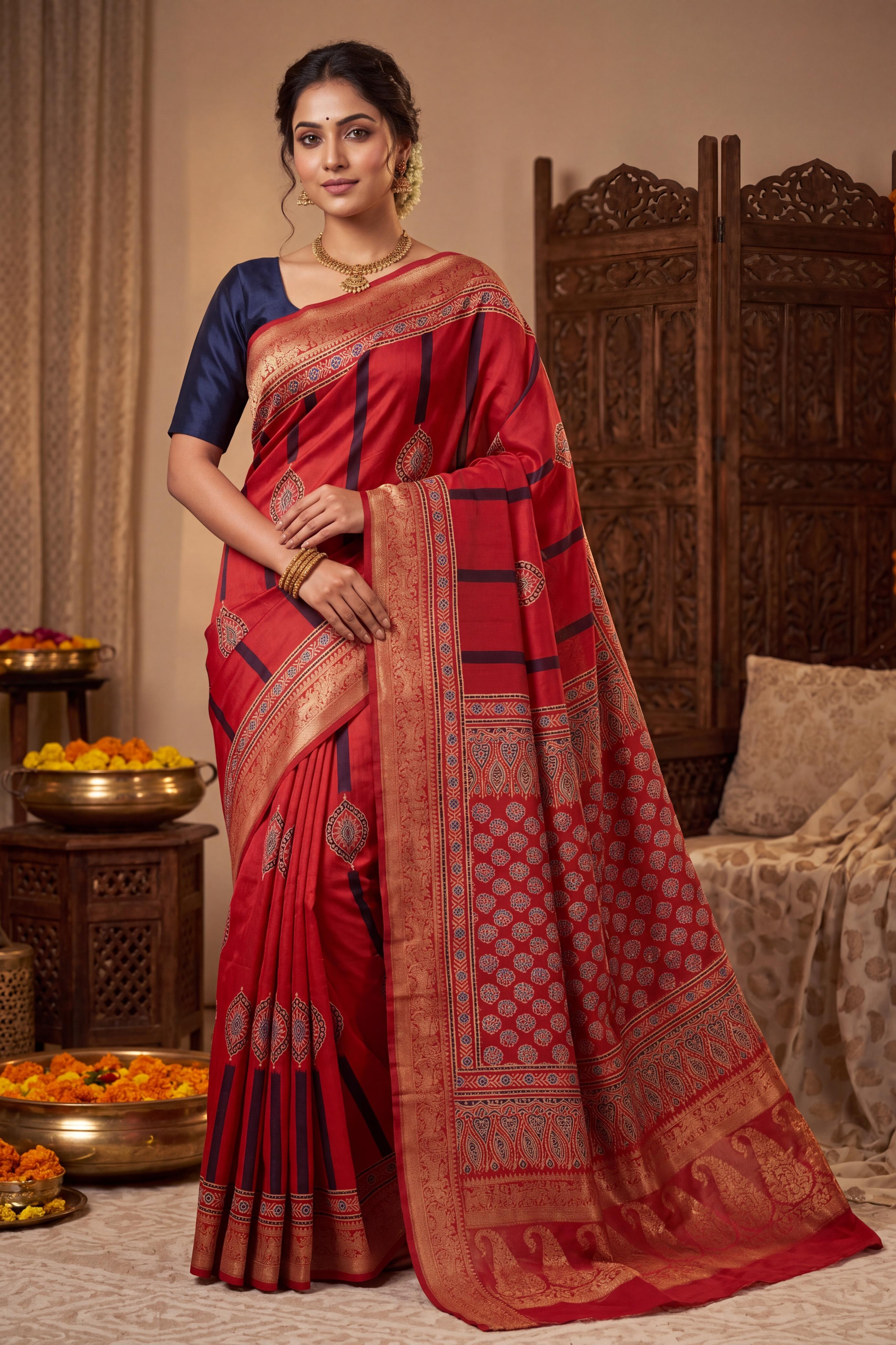 Dola Silk Saree with Ajrakh Print
