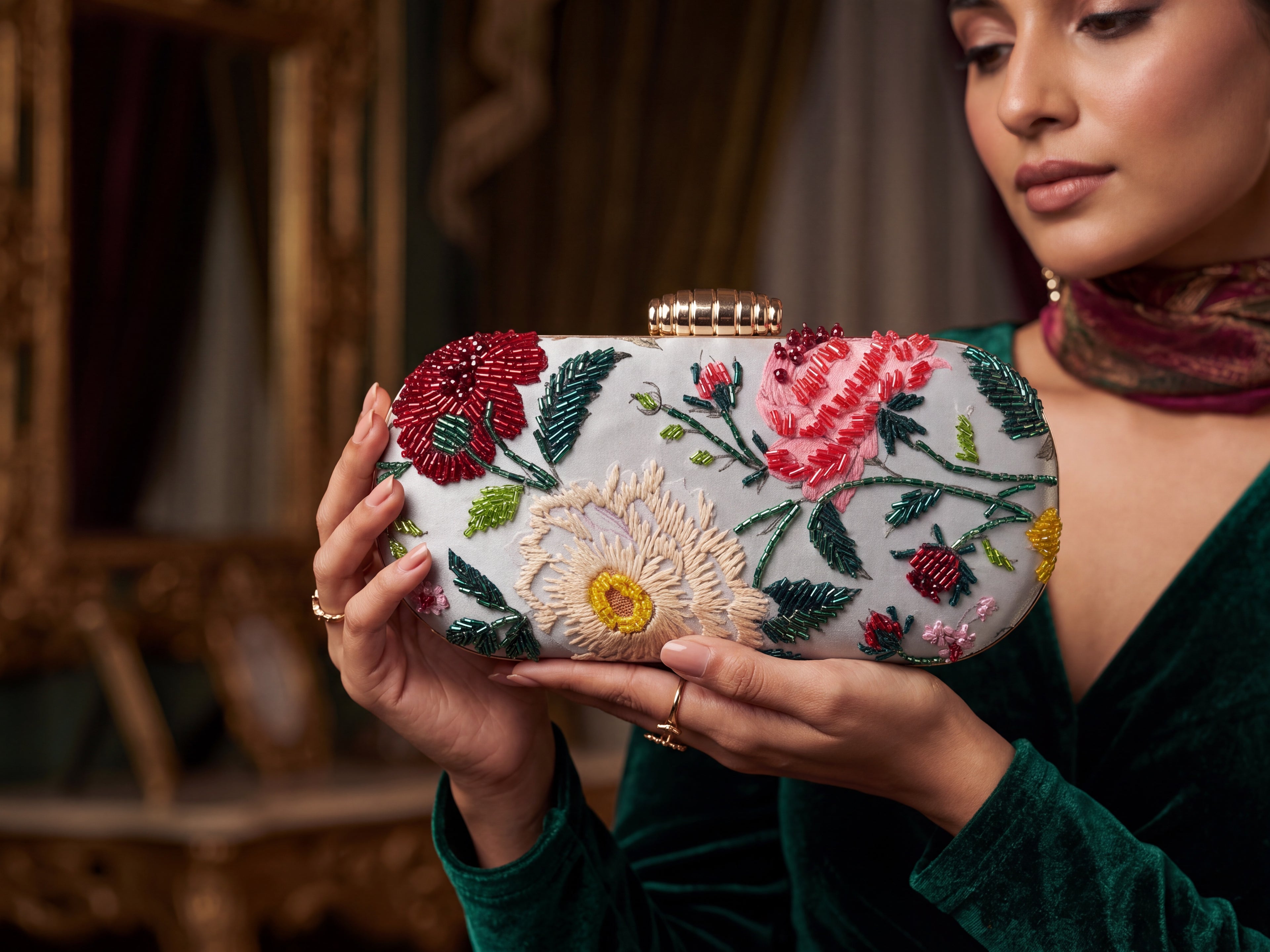 Hand-Beaded Floral Box Clutch