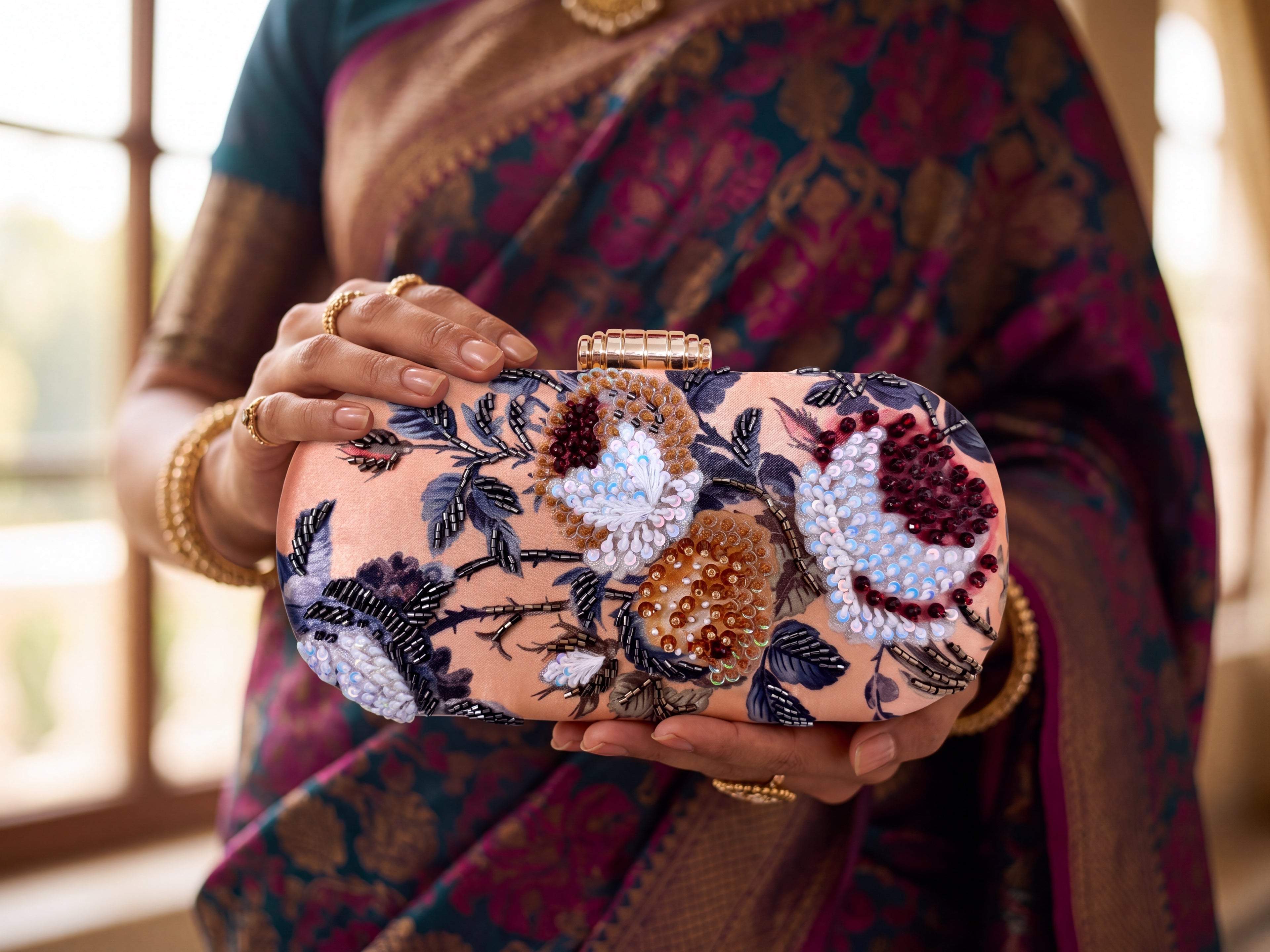 Hand-Beaded Floral Box Clutch