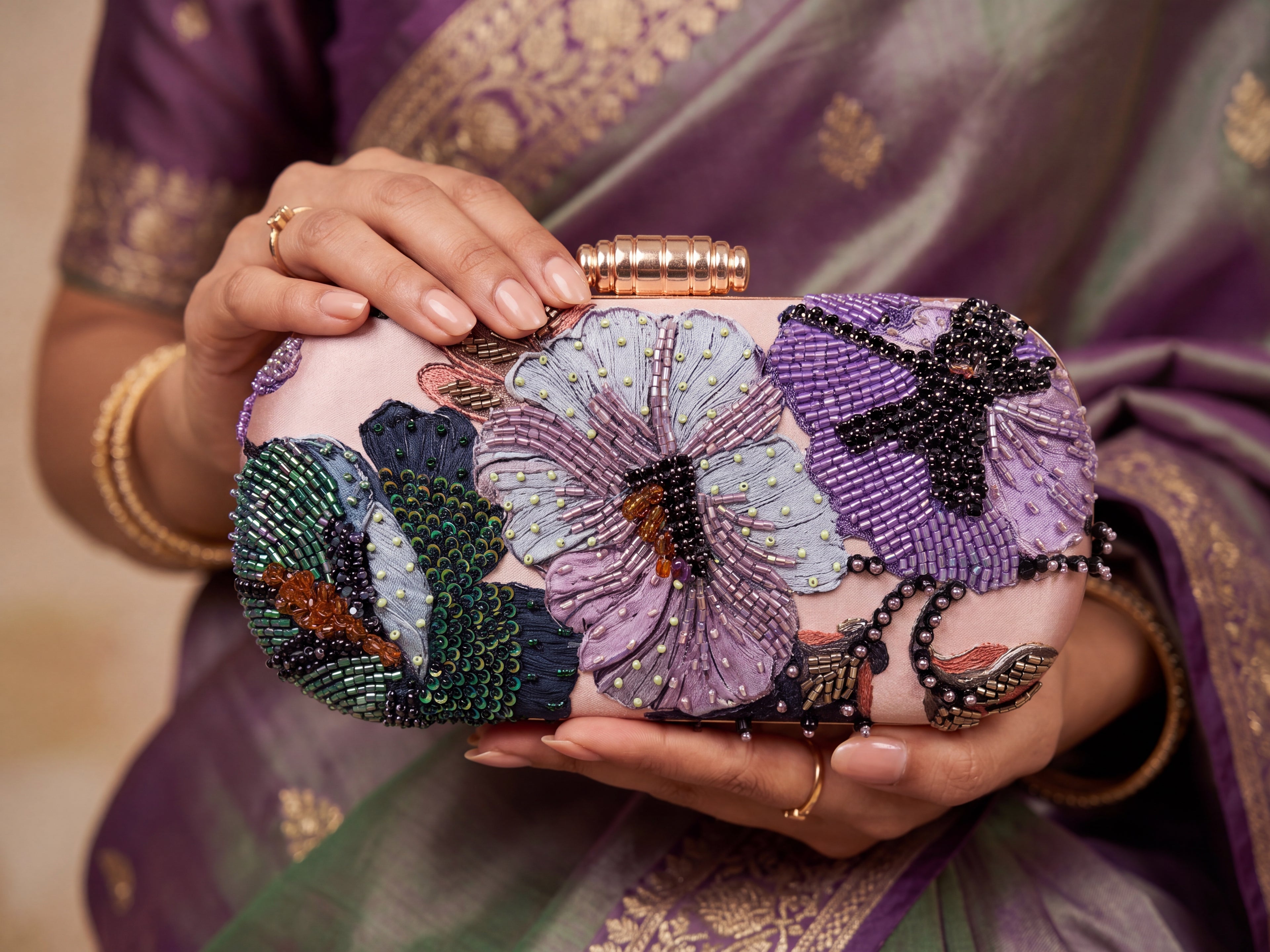 Hand-Beaded Floral Box Clutch