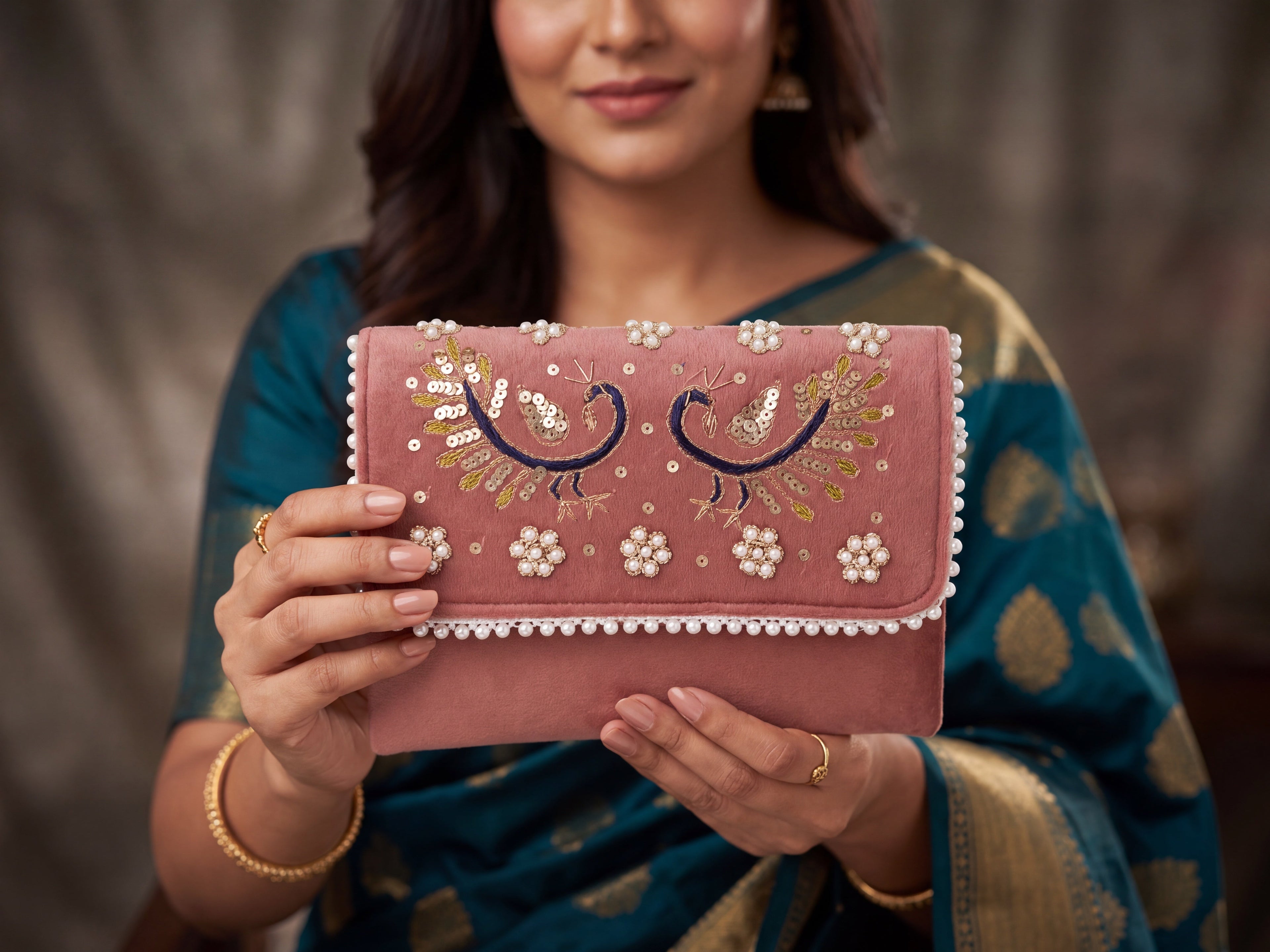 Peacock Velvet Clutch