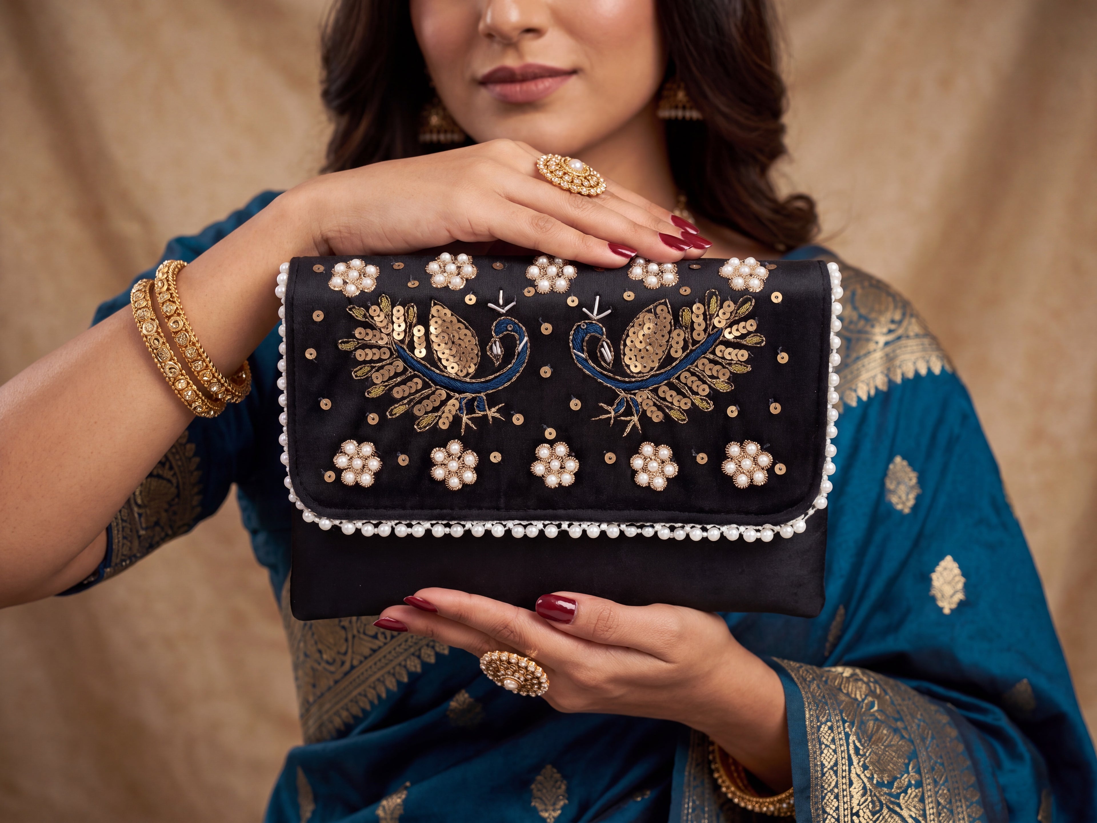Peacock Velvet Clutch
