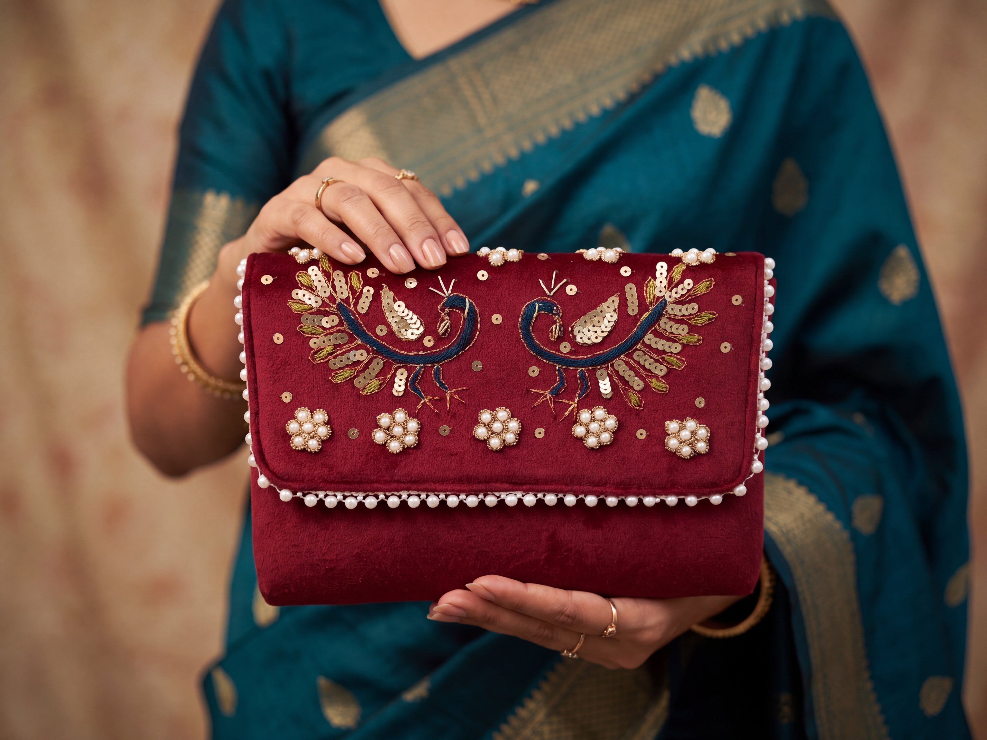 Peacock Velvet Clutch