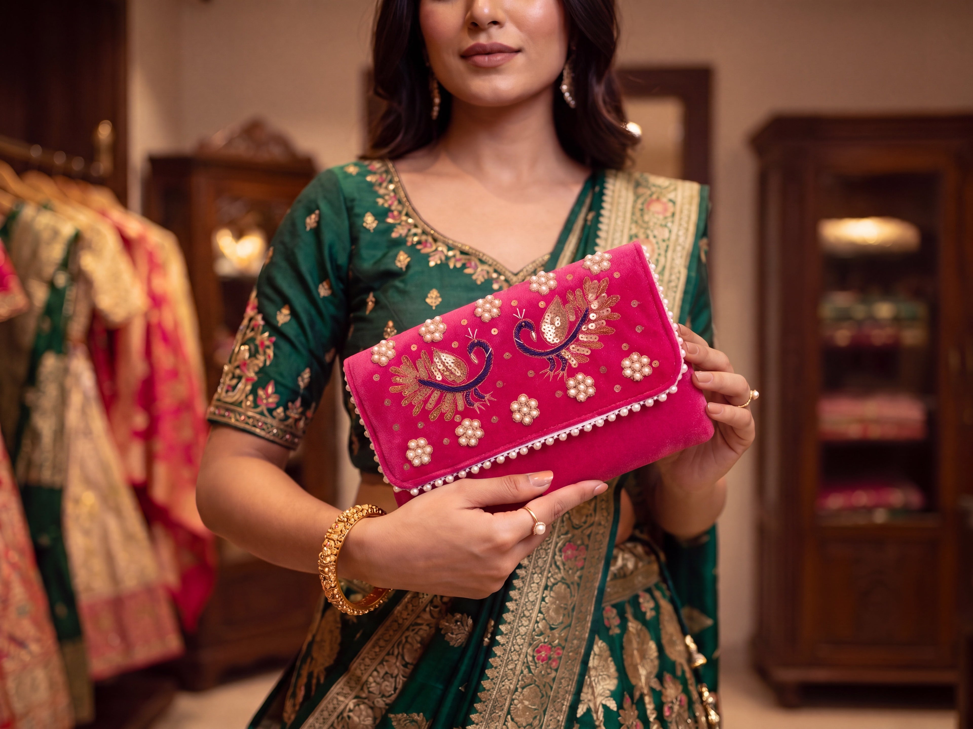 Peacock Velvet Clutch