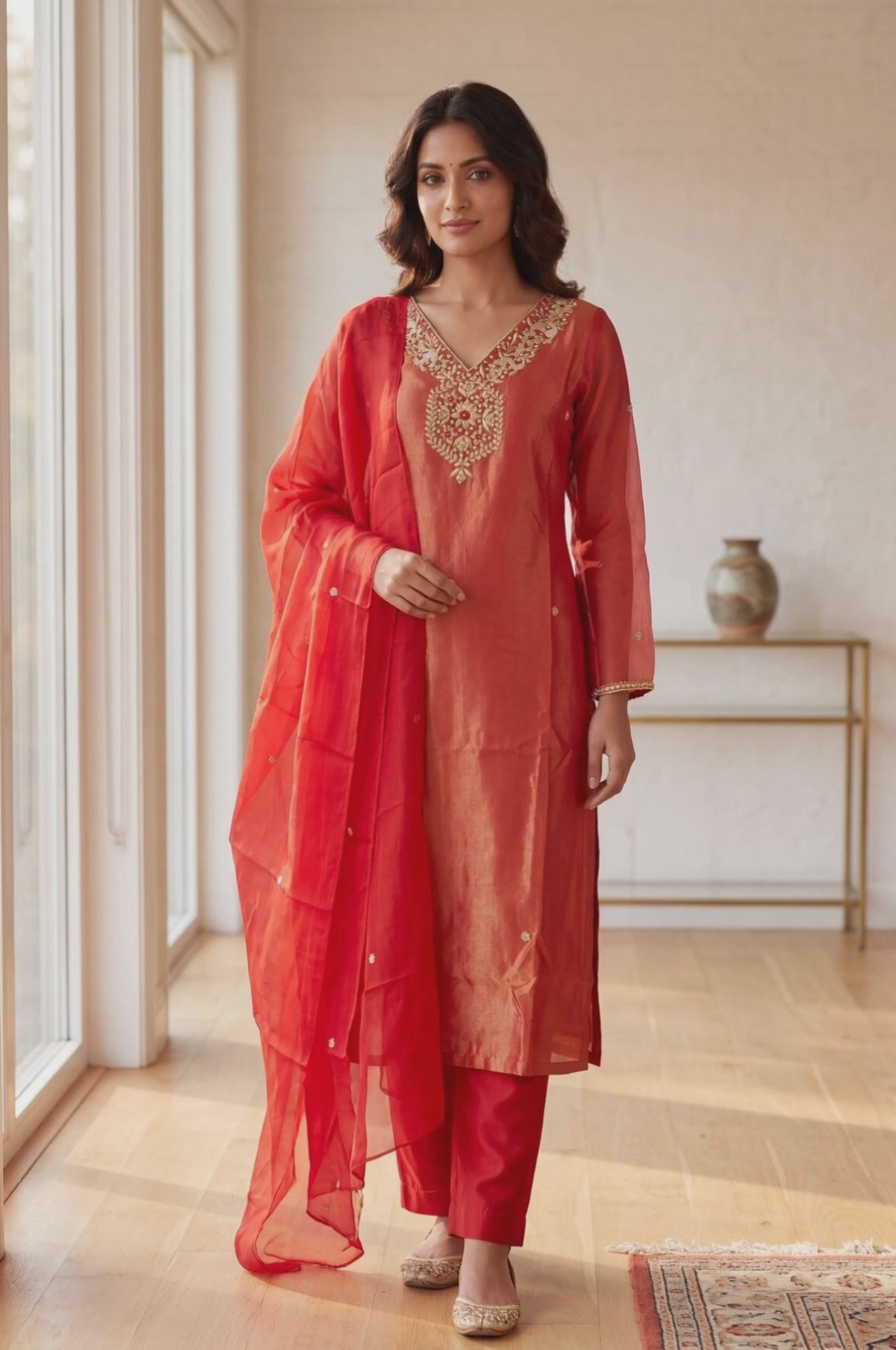 Rust Shimmer Tissue Pant Style Suit
