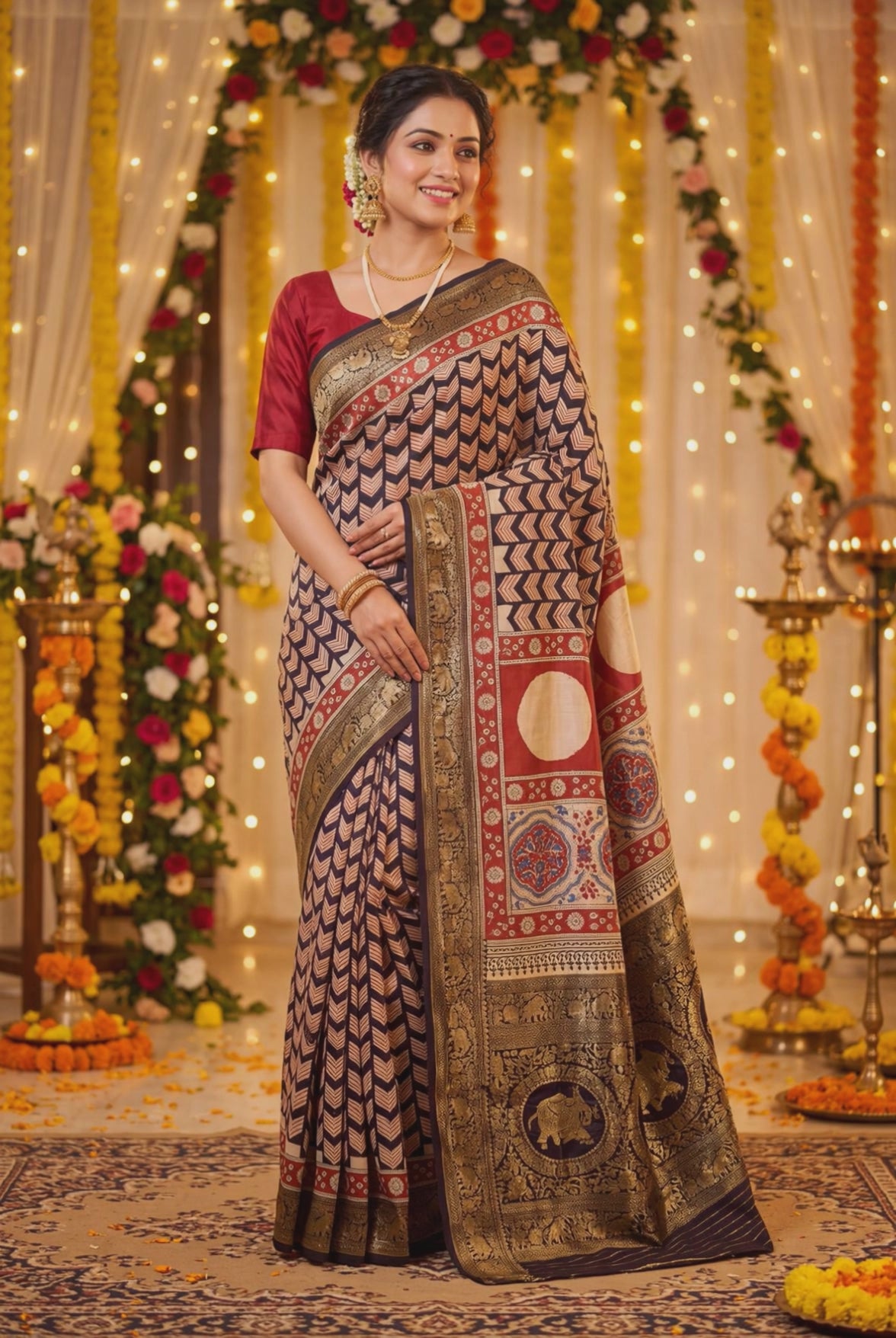 Dola Silk Saree with Ajrakh Print